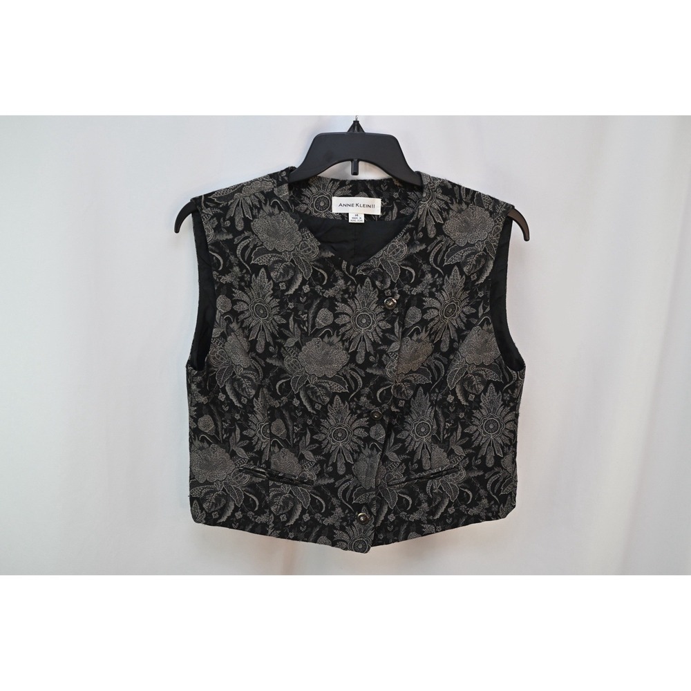 Anne Klein II Women Black Silver Floral Wool Blend Vest Size 14 Regular Button